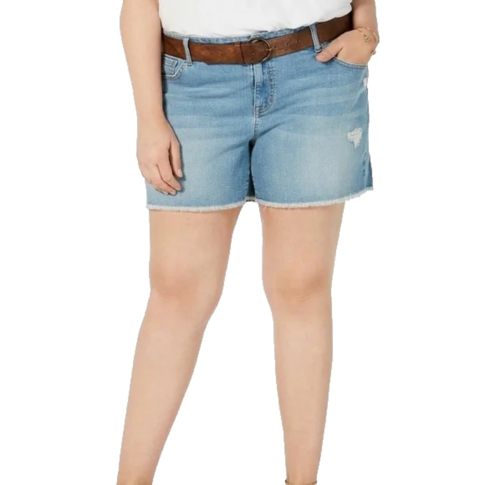 Style&Co Womens Distressed/Frayed Belted Jean Shorts, Seaside Blue Plus Size 24W
